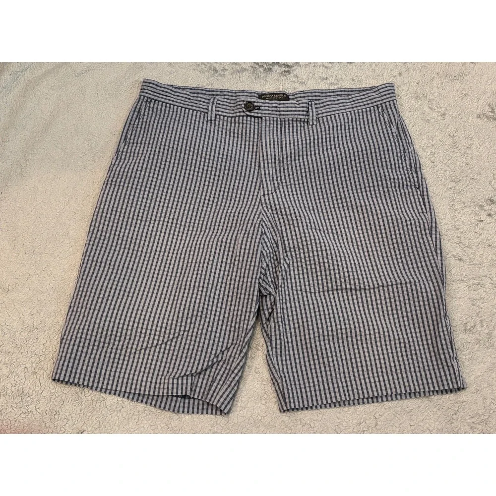 Banana Republic Emerson Shorts Mens 34 Blue Gingham Check Cotton Flat Front 10